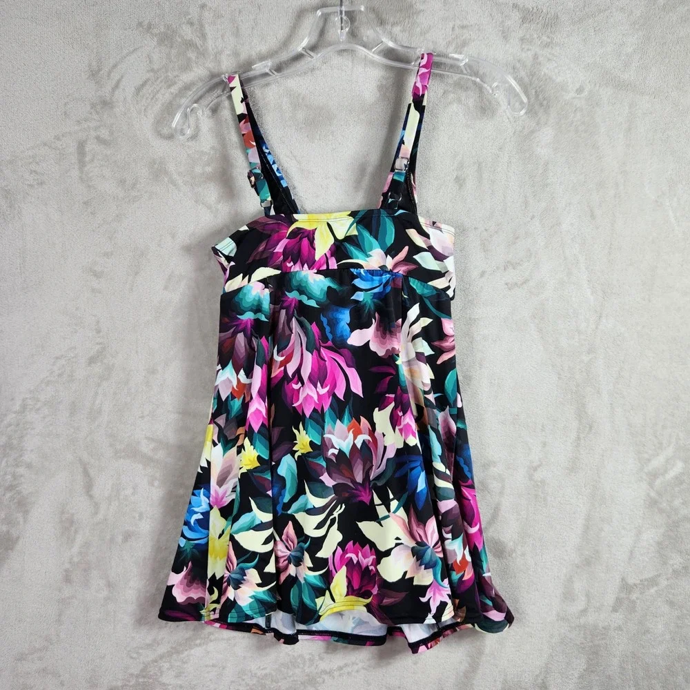 Swim Solutions Womens Bow Front Swim Dress Black Floral One Piece Swimsuit 8 NEW - Picture 2 of 7
